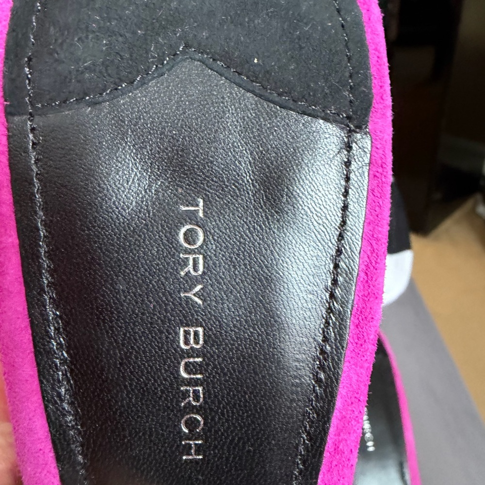 Tory Burch Fuchsia Suede Crystal-Embellished Slide Mules - Picture 8 of 8